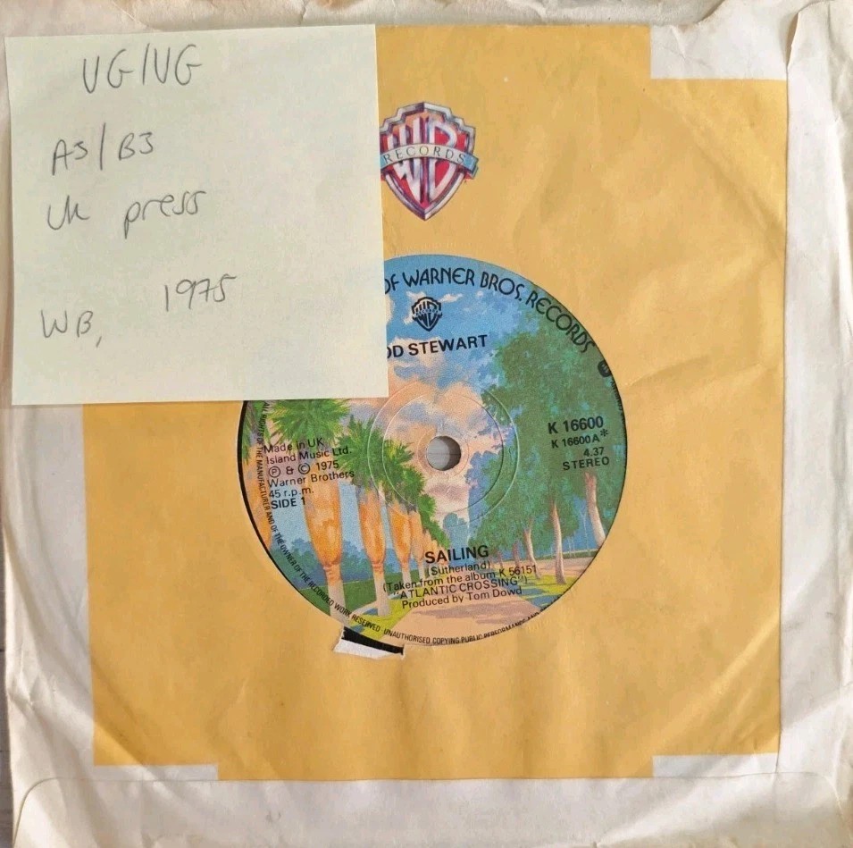 Rod Stewart Sailing Vinyl Record 7" VG/VG K 16600 1975 sleeve Rod Stewart Sailing Vinyl Record 7" VG/VG K 16600 1975 sleeve