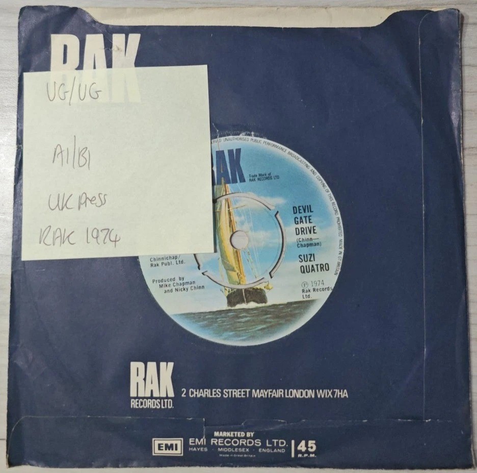 Suzi Quatro Devil Gate Drive Vinyl Record 7" VG/VG RAK 167 1974 vinyl record sleeve Suzi Quatro Devil Gate Drive Vinyl Record 7" VG/VG RAK 167 1974 vinyl record sleeve
