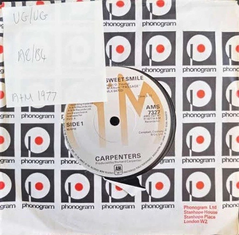 Carpenters Sweet, Sweet Smile Vinyl Record 7" VG/VG AMS 7327 1977 sleeve Carpenters Sweet, Sweet Smile Vinyl Record 7" VG/VG AMS 7327 1977 sleeve