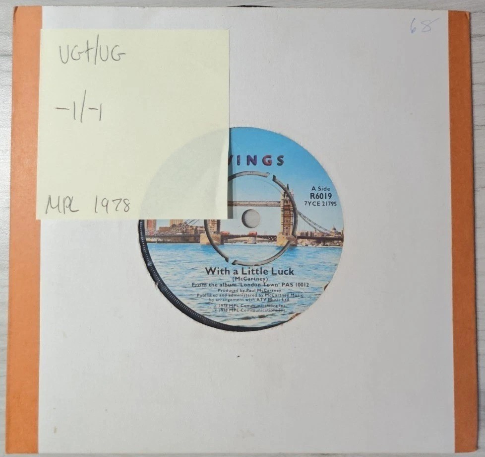Wings With A Little Luck Vinyl Record 7" VG+/VG R 6019 1978 sleeve Wings With A Little Luck Vinyl Record 7" VG+/VG R 6019 1978 sleeve