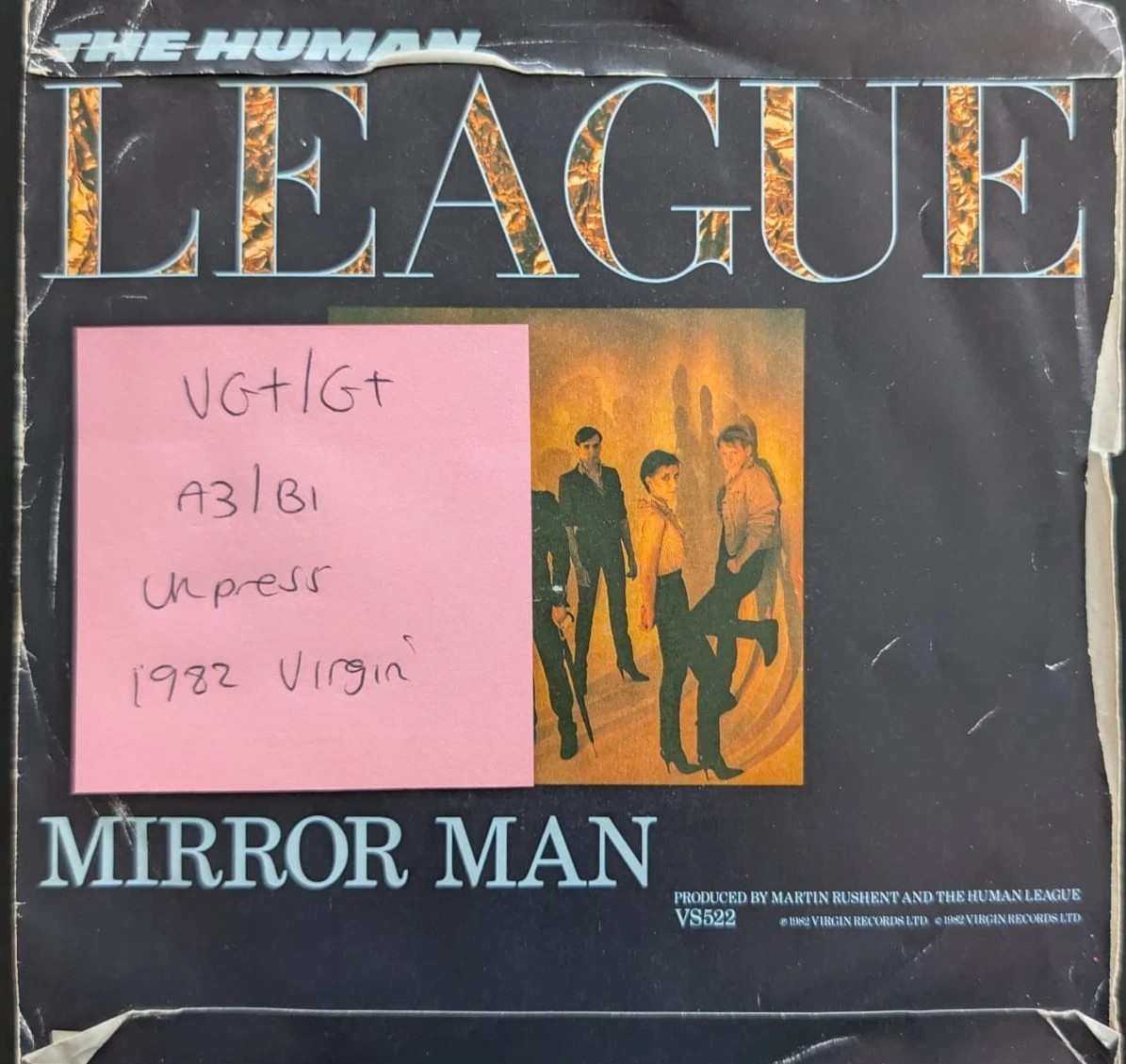 Human League Mirror Man Vinyl Record 7" VG+/G+ VS522 1982 sleeve Human League Mirror Man Vinyl Record 7" VG+/G+ VS522 1982 sleeve