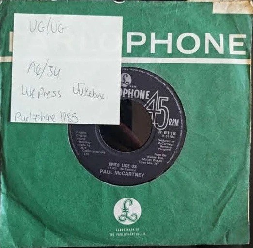 Paul McCartney Spies Like Us Vinyl Record 7" VG/VG R 6118 1985 sleeve Paul McCartney Spies Like Us Vinyl Record 7" VG/VG R 6118 1985 sleeve