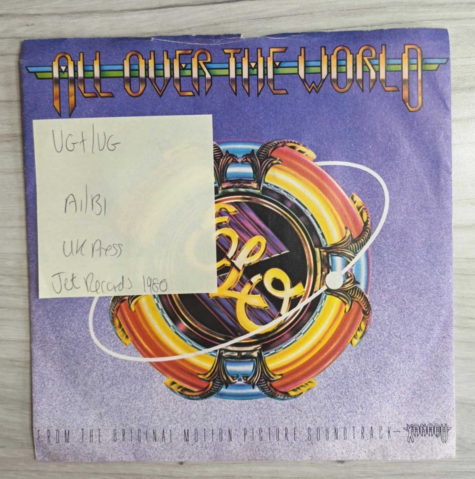 Electric Light Orchestra All Over The World Vinyl Record 7" VG+/VG JET 195 1980 sleeve Electric Light Orchestra All Over The World Vinyl Record 7" VG+/VG JET 195 1980 sleeve