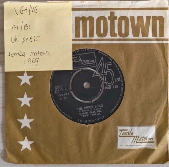 Marvin Gaye & Tammi Terrell The Onion Song Vinyl Record 7" VG+/VG TMG 715 1969 vinyl record sleeve Marvin Gaye & Tammi Terrell The Onion Song Vinyl Record 7" VG+/VG TMG 715 1969 vinyl record sleeve