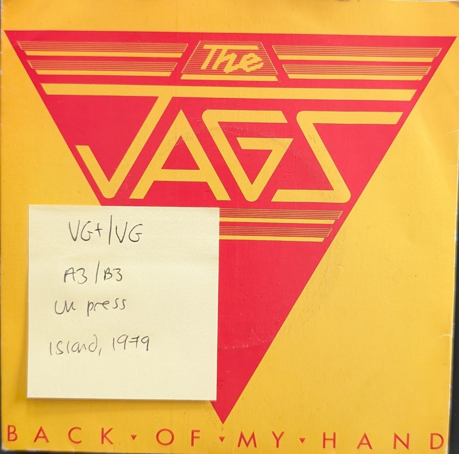 The Jags Back Of My Hand Vinyl Record 7" VG+/VG WIP 6501 1979 sleeve The Jags Back Of My Hand Vinyl Record 7" VG+/VG WIP 6501 1979 sleeve