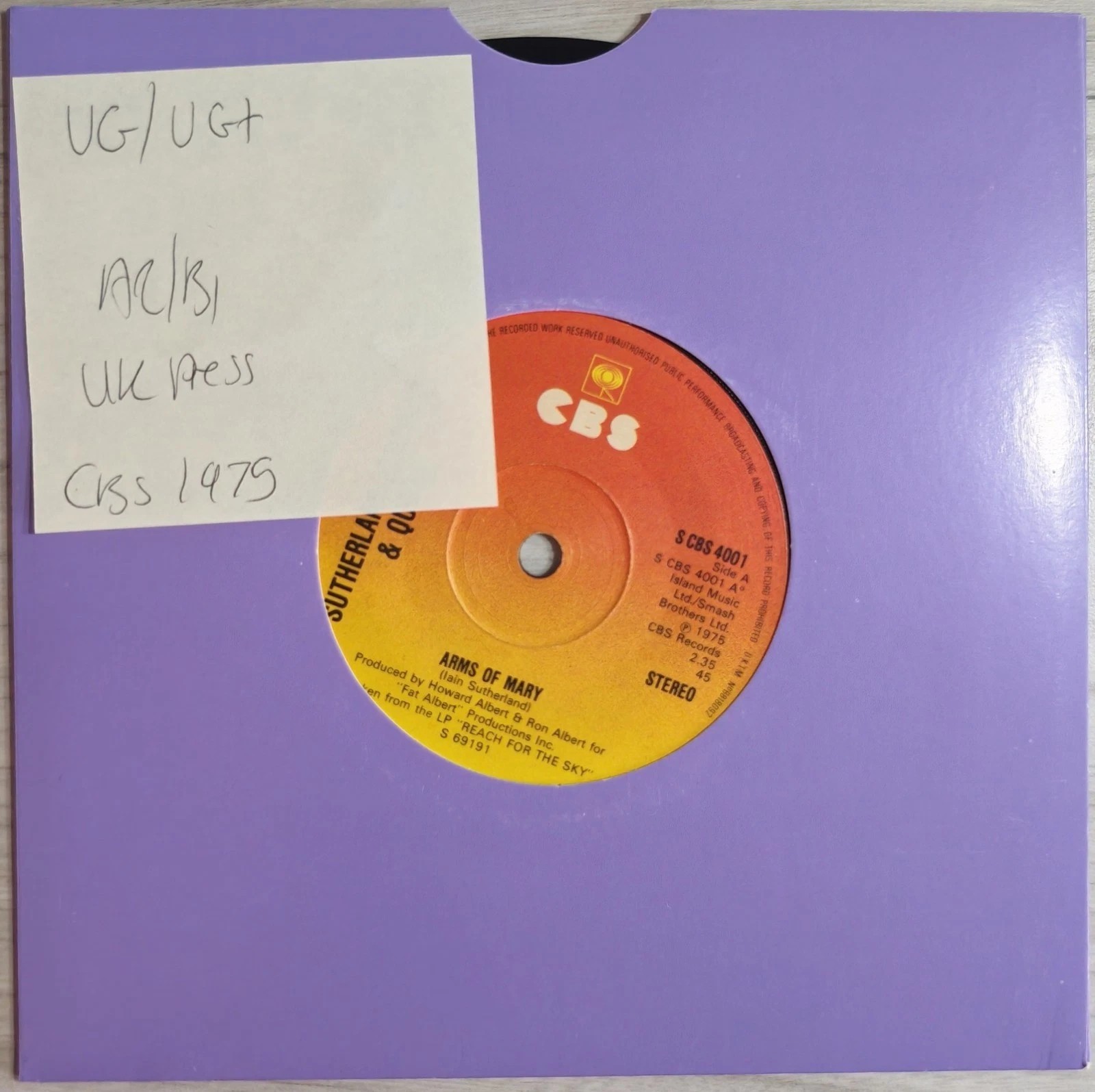 Sutherland Brothers & Quiver Arms Of Mary Vinyl Record 7" VG/VG+ S CBS 4001 1976 sleeve Sutherland Brothers & Quiver Arms Of Mary Vinyl Record 7" VG/VG+ S CBS 4001 1976 sleeve