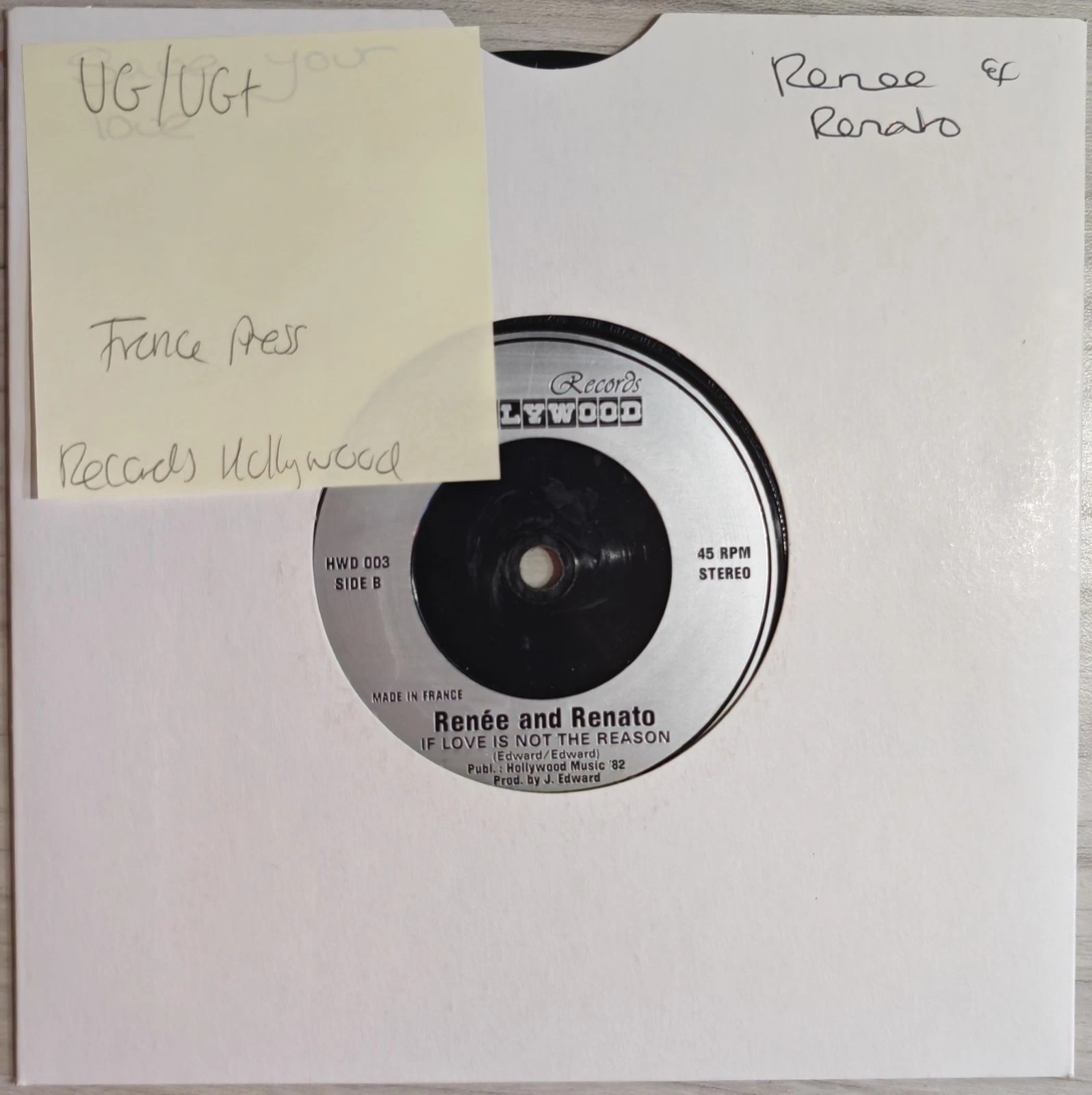 Renée And Renato Save Your Love Vinyl Record 7" VG/VG+ HWD 003 1982 sleeve Renée And Renato Save Your Love Vinyl Record 7" VG/VG+ HWD 003 1982 sleeve