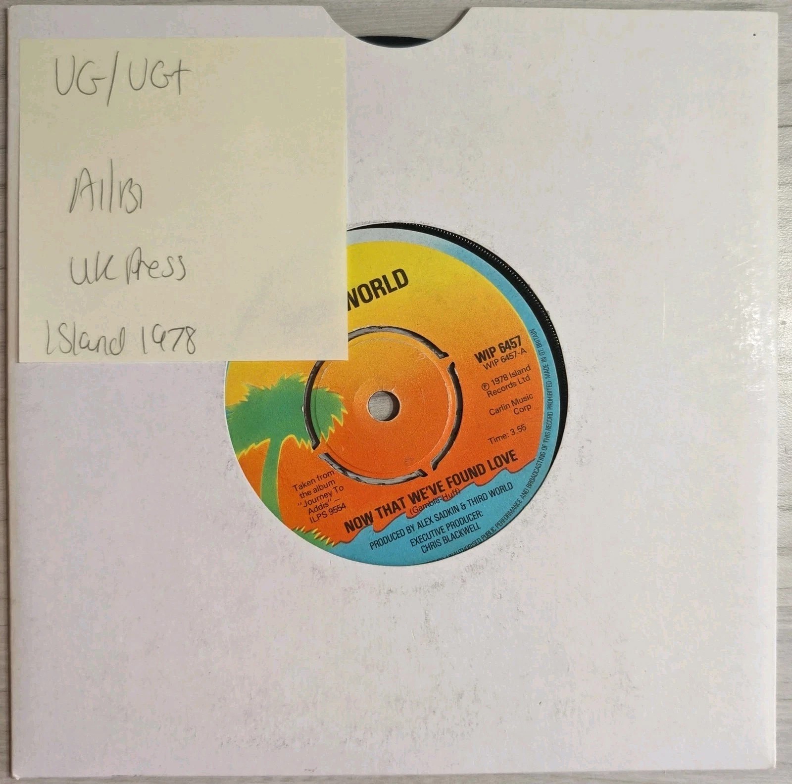 Third World Now That We've Found Love Vinyl Record 7" VG/VG+ WIP 6457 1978 vinyl record sleeve Third World Now That We've Found Love Vinyl Record 7" VG/VG+ WIP 6457 1978 vinyl record sleeve