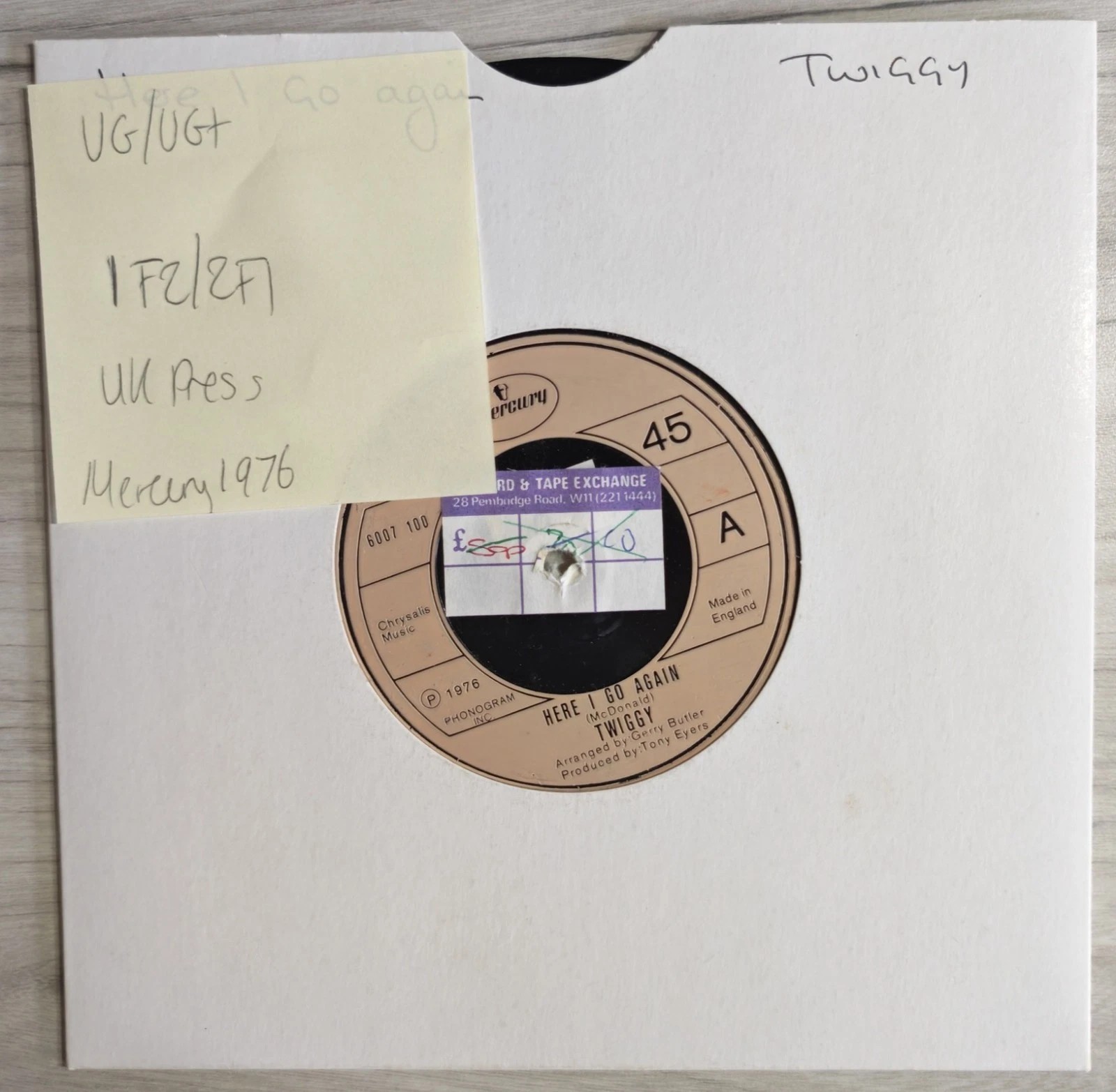 Twiggy Here I Go Again Vinyl Record 7" VG/VG+ 6007 100 1976 vinyl record sleeve Twiggy Here I Go Again Vinyl Record 7" VG/VG+ 6007 100 1976 vinyl record sleeve