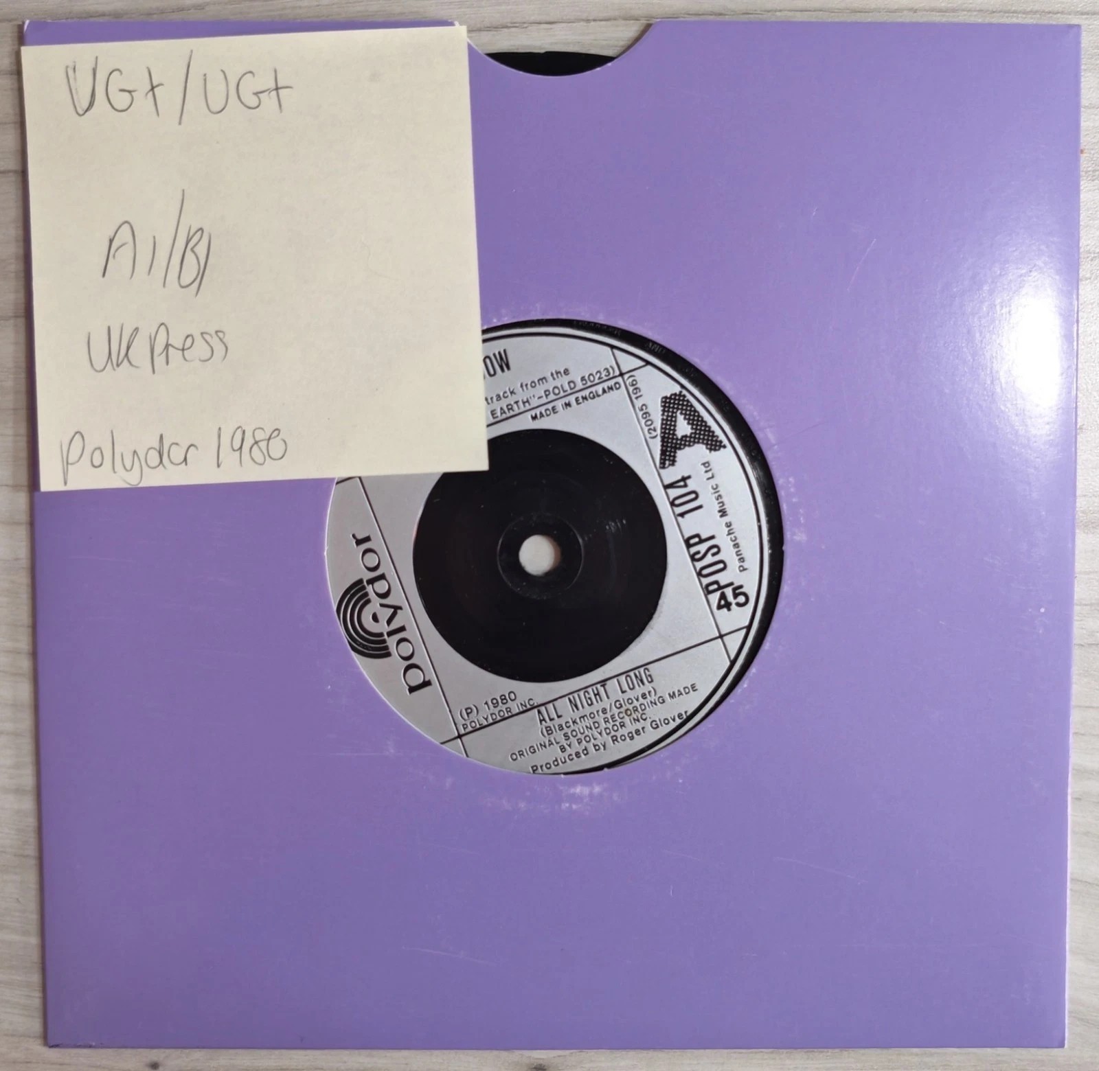 Rainbow All Night Long Vinyl Record 7" VG+/VG+ POSP 104 1980 vinyl record sleeve Rainbow All Night Long Vinyl Record 7" VG+/VG+ POSP 104 1980 vinyl record sleeve