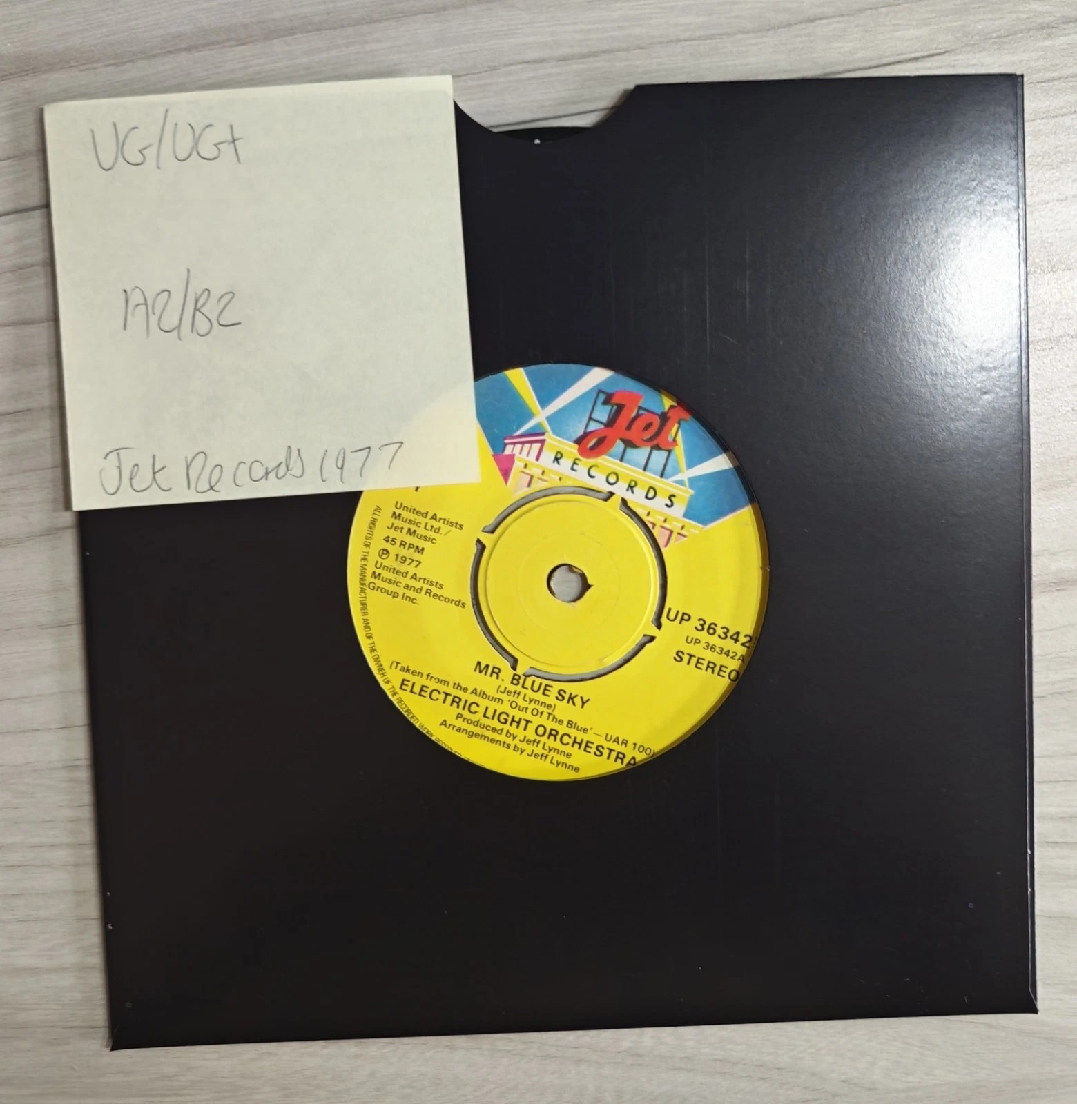 Electric Light Orchestra Mr. Blue Sky Vinyl Record 7" VG/VG+ UP 36342 1977 sleeve Electric Light Orchestra Mr. Blue Sky Vinyl Record 7" VG/VG+ UP 36342 1977 sleeve