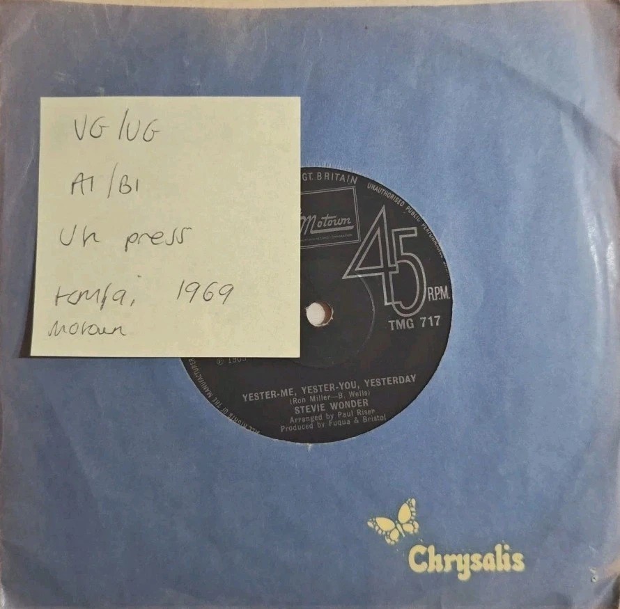 Stevie Wonder Yester-Me, Yester-You, Yesterday Vinyl Record 7" VG/VG TMG 717 sleeve Stevie Wonder Yester-Me, Yester-You, Yesterday Vinyl Record 7" VG/VG TMG 717 sleeve
