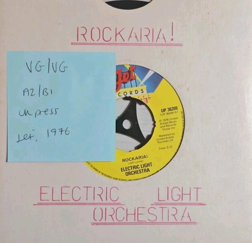Electric Light Orchestra Rockaria! Vinyl Record 7" VG/VG UP 36209 1977 sleeve Electric Light Orchestra Rockaria! Vinyl Record 7" VG/VG UP 36209 1977 sleeve