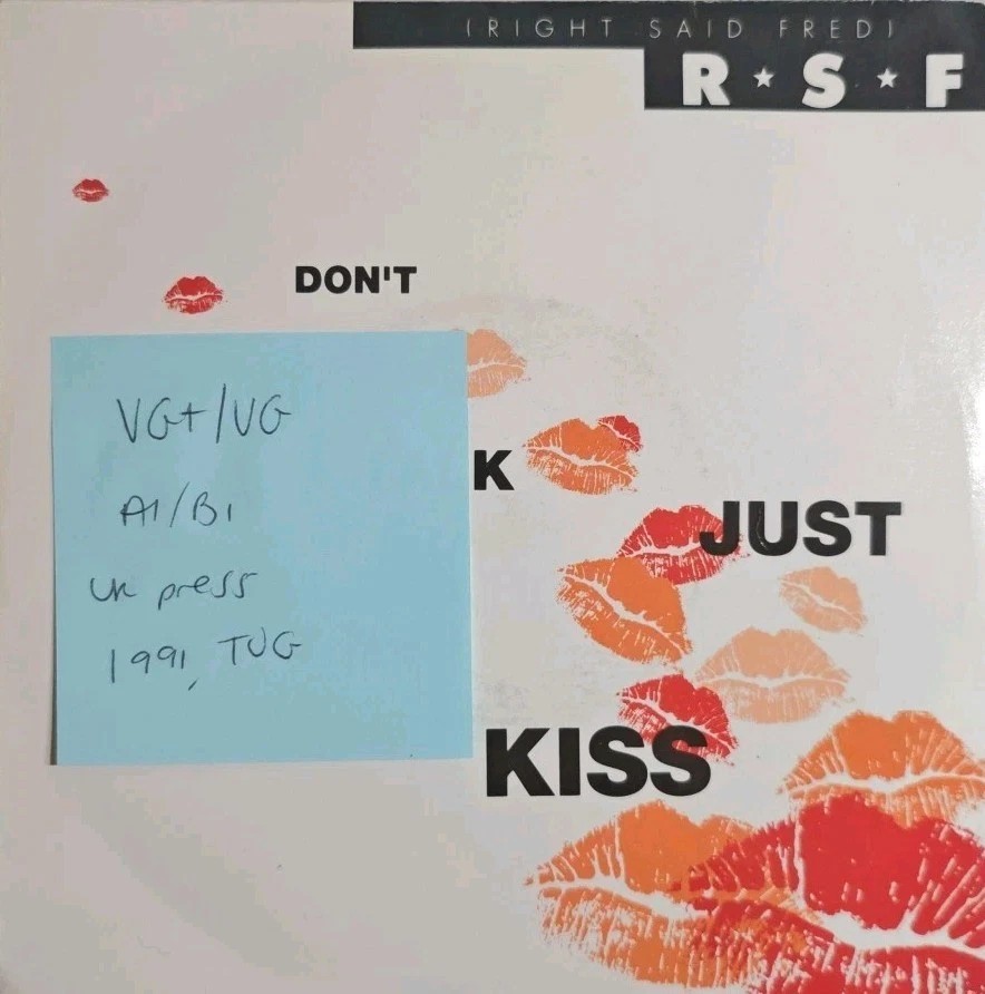 Right Said Fred Don't Talk Just Kiss Vinyl Record 7" VG+/VG SNOG 2 1991 sleeve Right Said Fred Don't Talk Just Kiss Vinyl Record 7" VG+/VG SNOG 2 1991 sleeve