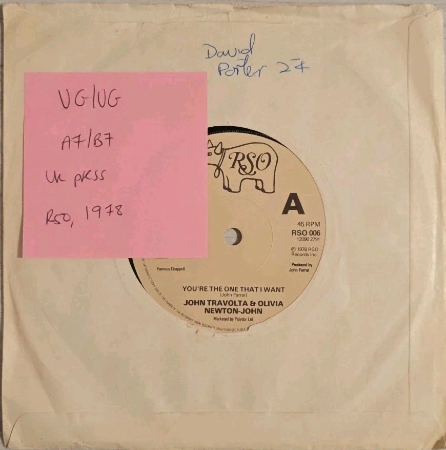 John Travolta & Olivia Newton John You're The One Vinyl Record 7" VG/VG RSO 006 sleeve John Travolta & Olivia Newton John You're The One Vinyl Record 7" VG/VG RSO 006 sleeve