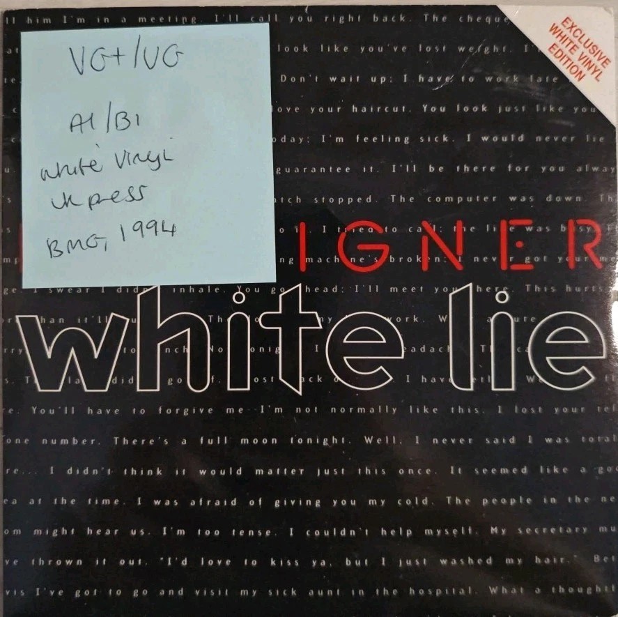 Foreigner White Lie White Vinyl Record 7" VG+/VG 74321233637 1994 sleeve Foreigner White Lie White Vinyl Record 7" VG+/VG 74321233637 1994 sleeve