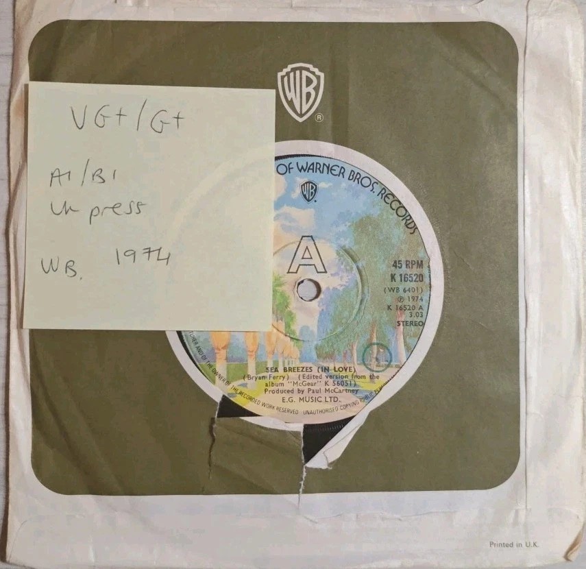Mike McGear Sea Breezes/ Givin' Grease A Ride Vinyl Record 7" VG+/G+ K16520 1974 sleeve Mike McGear Sea Breezes/ Givin' Grease A Ride Vinyl Record 7" VG+/G+ K16520 1974 sleeve