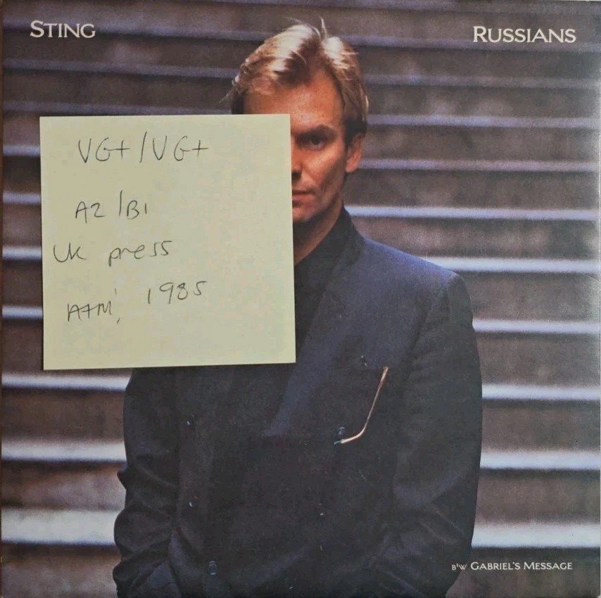 Sting Russians / Gabriel's Message Vinyl Record 7" VG+/VG+ AM292 1985 sleeve Sting Russians / Gabriel's Message Vinyl Record 7" VG+/VG+ AM292 1985 sleeve