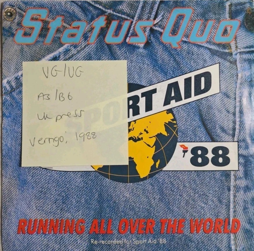 Status Quo Running All Over The World Vinyl Record 7" VG+/VG QUAID1 1988 sleeve Status Quo Running All Over The World Vinyl Record 7" VG+/VG QUAID1 1988 sleeve