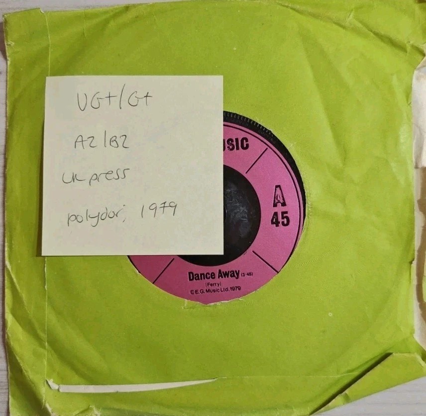 Roxy Music Dance Away Vinyl Record 7" VG+/G+ POSP 44 1979 sleeve Roxy Music Dance Away Vinyl Record 7" VG+/G+ POSP 44 1979 sleeve