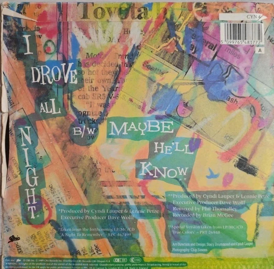 Cyndi Lauper I Drove All Night Vinyl Record 7" VG/G+ CYN 4 1989 sleeve Cyndi Lauper I Drove All Night Vinyl Record 7" VG/G+ CYN 4 1989 sleeve