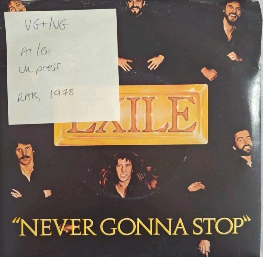 Exile Never Gonna Stop Vinyl Record 7" VG+/VG RAK287 1978 sleeve Exile Never Gonna Stop Vinyl Record 7" VG+/VG RAK287 1978 sleeve