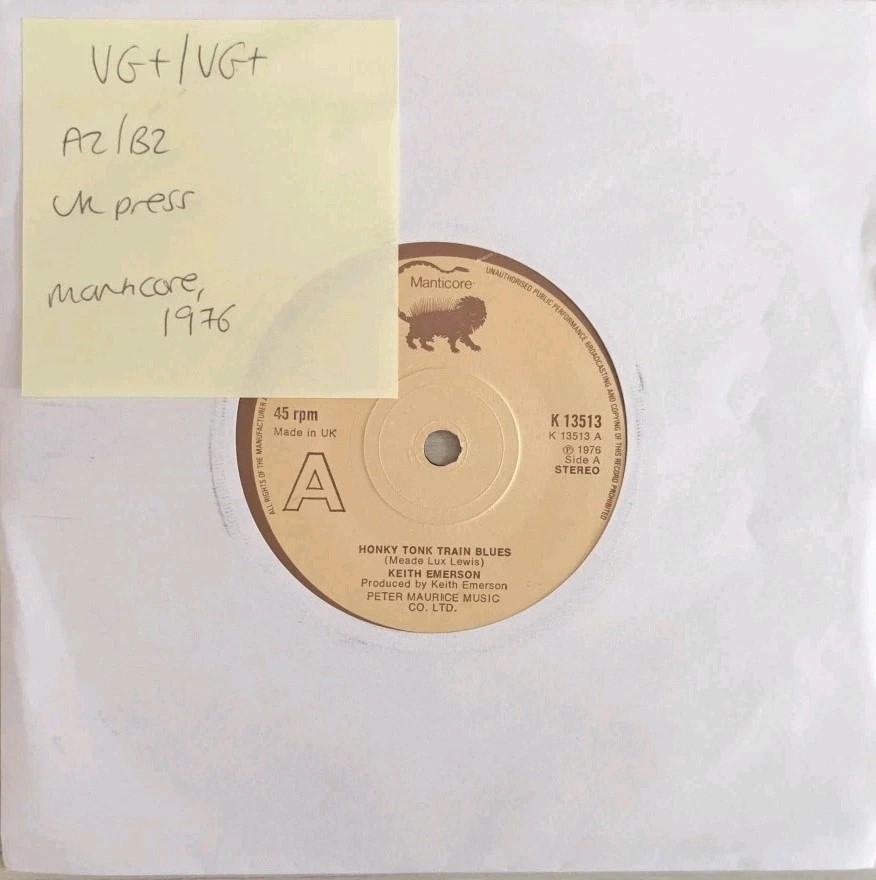 Keith Emerson Honky Tonk Train Blues Vinyl Record 7" VG+/VG+ K13513 1976 sleeve Keith Emerson Honky Tonk Train Blues Vinyl Record 7" VG+/VG+ K13513 1976 sleeve