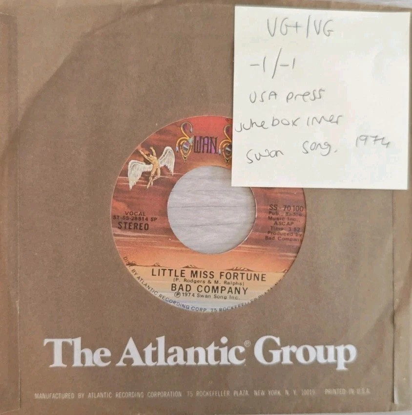 Bad Company Can't Get Enough Little Miss Fortune Vinyl Record 7" VG+/VG SS70100 sleeve Bad Company Can't Get Enough Little Miss Fortune Vinyl Record 7" VG+/VG SS70100 sleeve