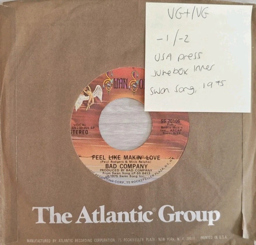 Bad Company Feel Like Makin' Love Vinyl Record 7" VG+/VG SS70106 1975 sleeve Bad Company Feel Like Makin' Love Vinyl Record 7" VG+/VG SS70106 1975 sleeve