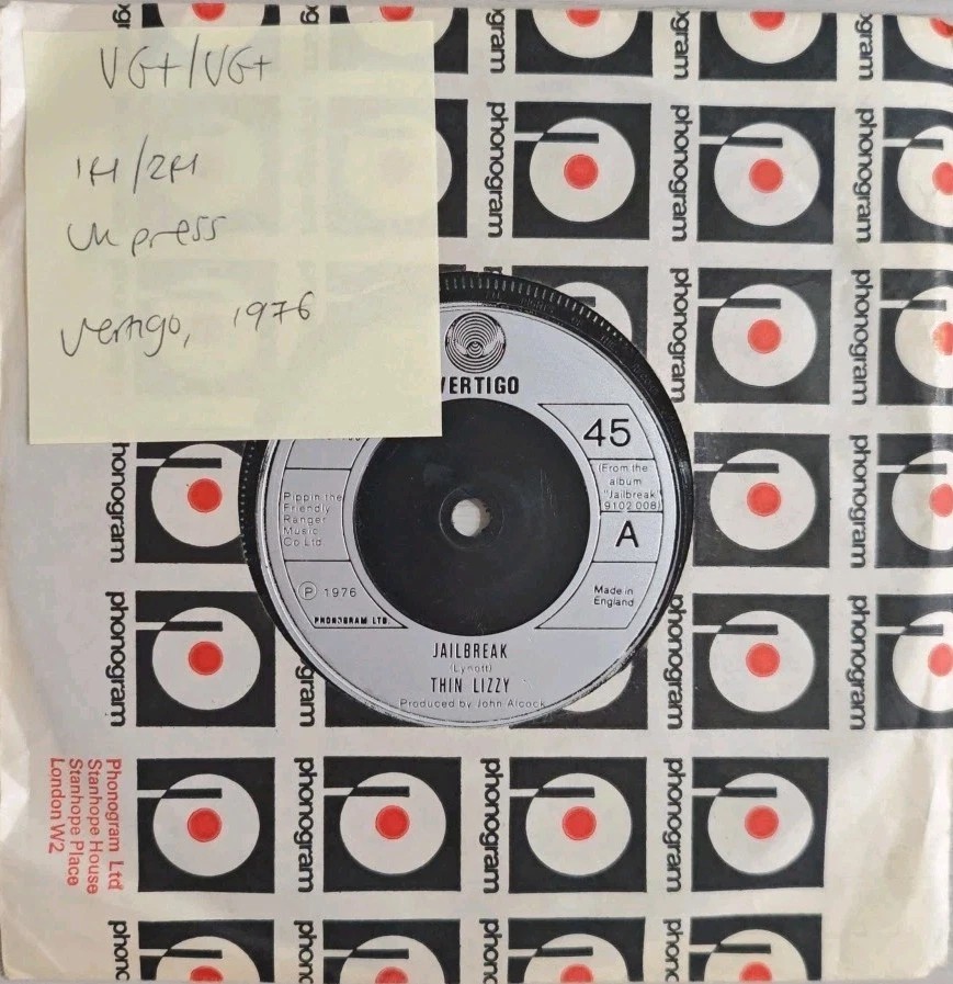 Thin Lizzy Jailbreak Vinyl Record 7" VG+/VG+ 6059150 1976 sleeve Thin Lizzy Jailbreak Vinyl Record 7" VG+/VG+ 6059150 1976 sleeve