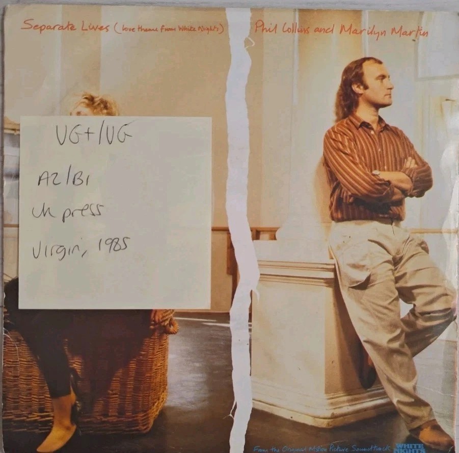 Phil Collins & Marilyn Martin Separate Lives Vinyl Record 7" VG+/VG VS 818 1985 sleeve Phil Collins & Marilyn Martin Separate Lives Vinyl Record 7" VG+/VG VS 818 1985 sleeve