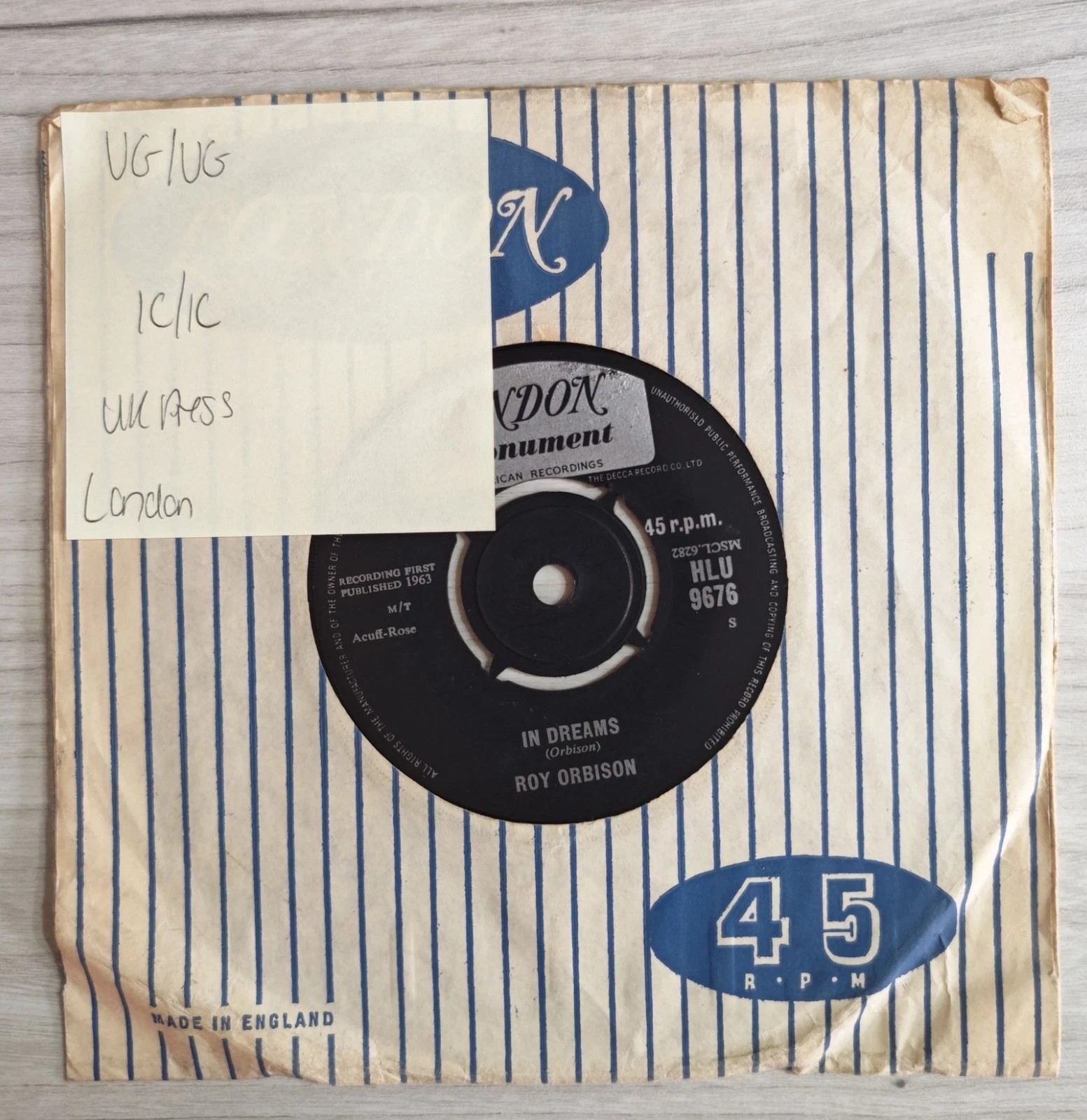 Roy Orbison In Dreams Vinyl Record 7" VG/VG HLU 9676 1963 sleeve Roy Orbison In Dreams Vinyl Record 7" VG/VG HLU 9676 1963 sleeve