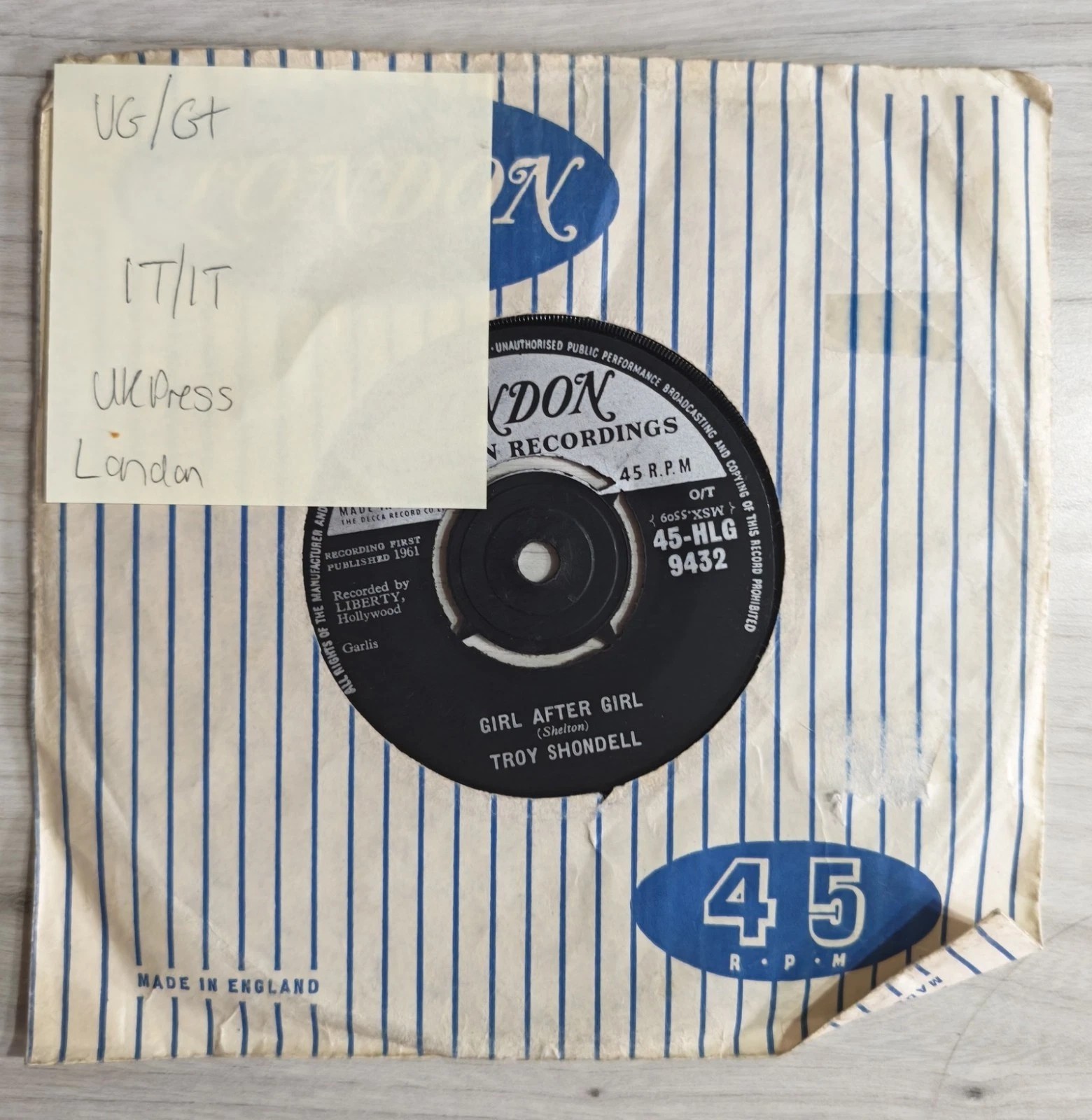 Troy Shondell This Time Vinyl Record 7" VG/G+ 45-HLG 9432 1961 sleeve Troy Shondell This Time Vinyl Record 7" VG/G+ 45-HLG 9432 1961 sleeve