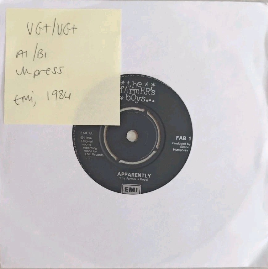The Farmer's Boys Apparently Vinyl Record 7" VG+/VG+ FAB1 1984 sleeve The Farmer's Boys Apparently Vinyl Record 7" VG+/VG+ FAB1 1984 sleeve