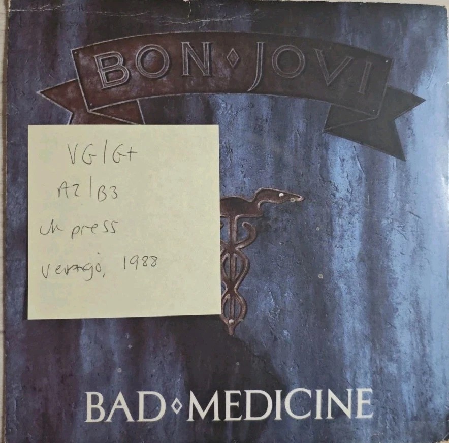 Bon Jovi Bad Medicine/ 99 In The Shade Vinyl Record 7" VG/G+ JOV3 1988 sleeve Bon Jovi Bad Medicine/ 99 In The Shade Vinyl Record 7" VG/G+ JOV3 1988 sleeve