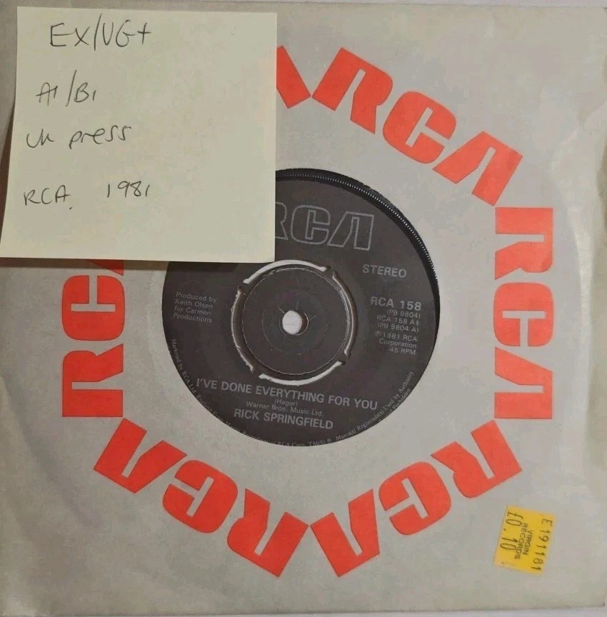 Rick Springfield I’ve Done Everything Vinyl Record 7" EX/VG+ RCA158 1981 sleeve Rick Springfield I’ve Done Everything Vinyl Record 7" EX/VG+ RCA158 1981 sleeve