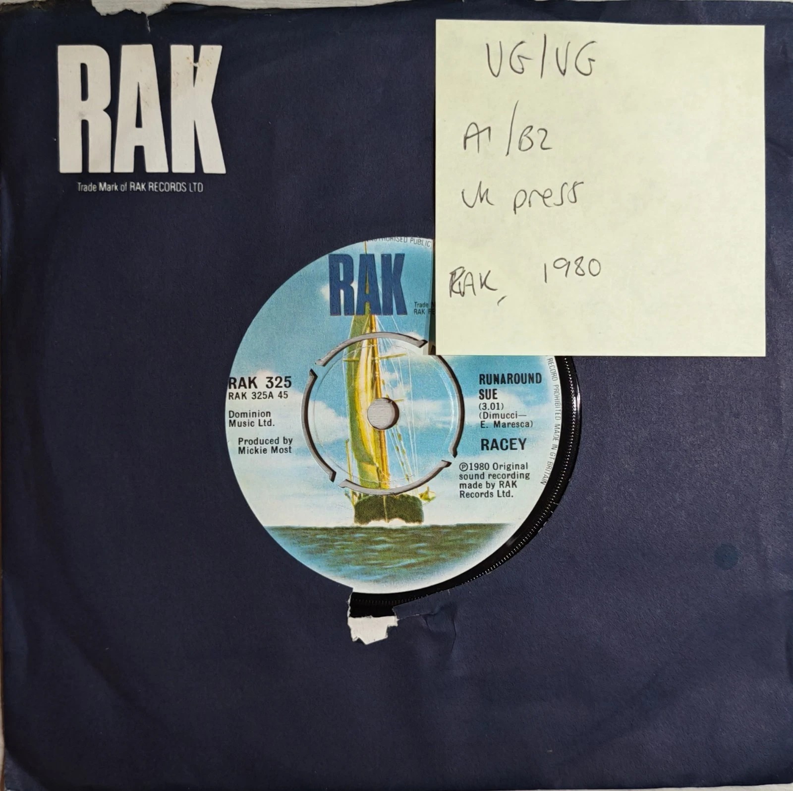 Racey Runaround Sue Vinyl Record 7" VG/VG RAK325 1980 sleeve Racey Runaround Sue Vinyl Record 7" VG/VG RAK325 1980 sleeve