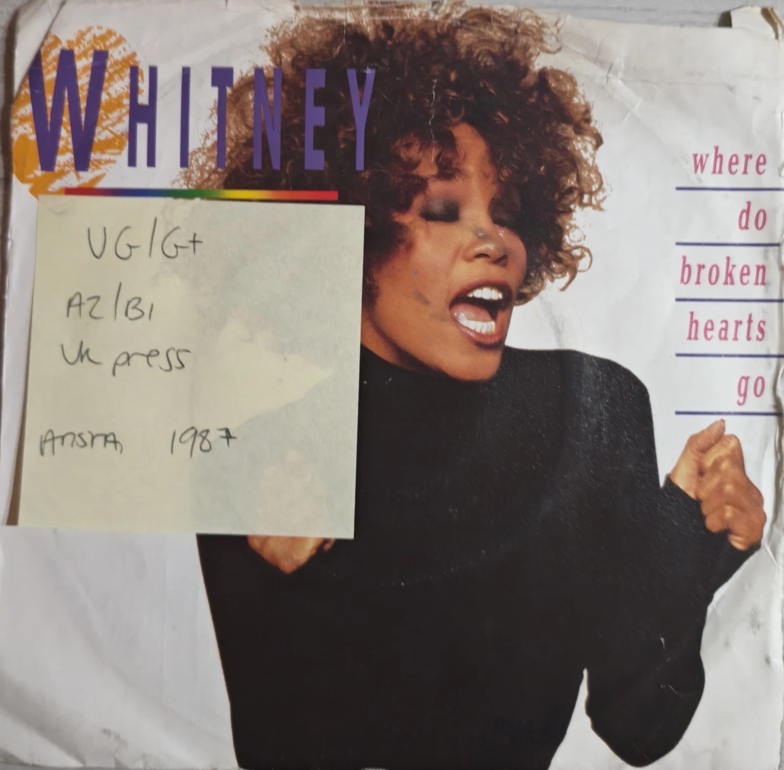 Whitney Houston Where Do Broken Hearts Go Vinyl Record 7" VG/G+ 109793 1987 sleeve Whitney Houston Where Do Broken Hearts Go Vinyl Record 7" VG/G+ 109793 1987 sleeve