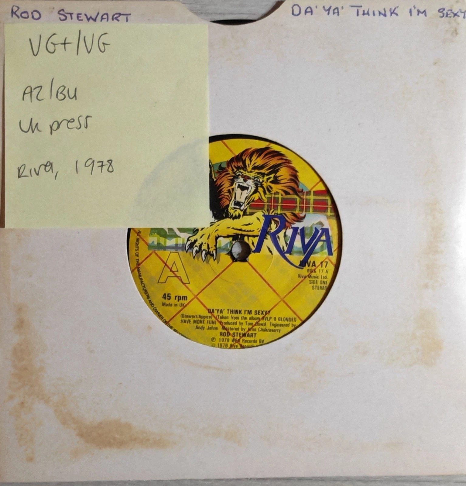 Rod Stewart Da'Ya' Think I'm Sexy ? Vinyl Record 7" VG+/VG RIVA 17 1978 sleeve Rod Stewart Da'Ya' Think I'm Sexy ? Vinyl Record 7" VG+/VG RIVA 17 1978 sleeve