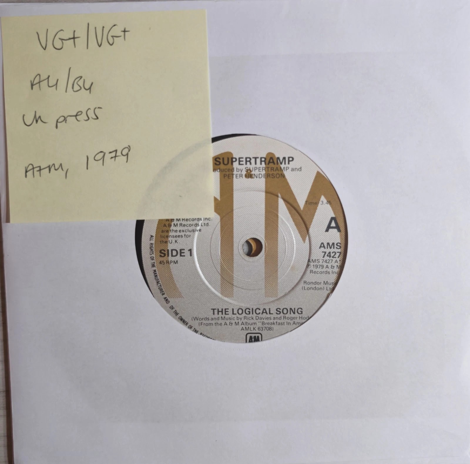 Supertramp The Logical Song Vinyl Record 7" VG+/VG+ AMS 7427 1979 sleeve Supertramp The Logical Song Vinyl Record 7" VG+/VG+ AMS 7427 1979 sleeve