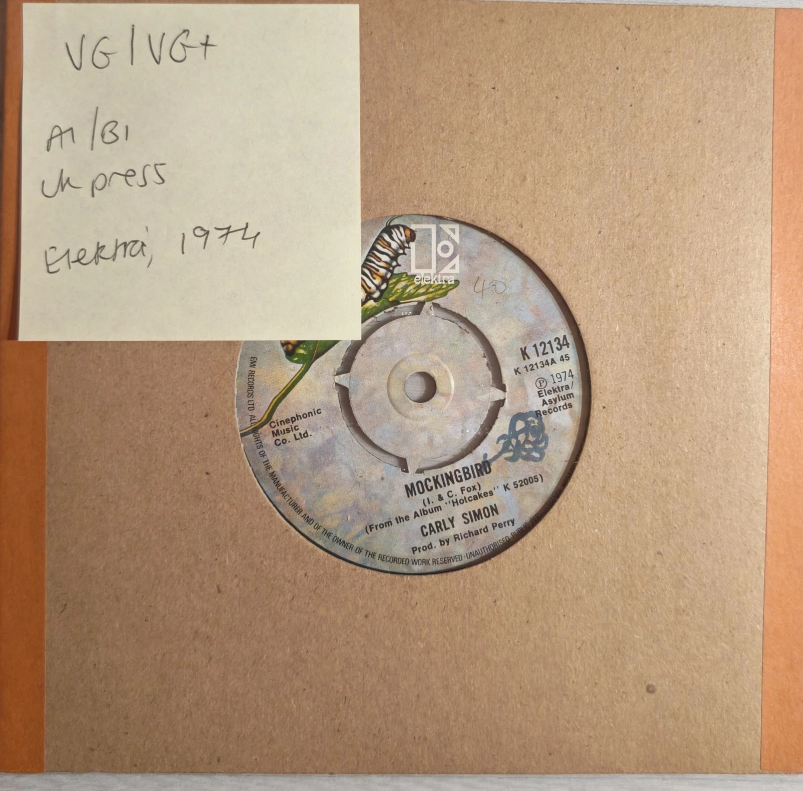 Carly Simon Mockingbird Vinyl Record 7" VG/VG+ K 12134 1974 sleeve Carly Simon Mockingbird Vinyl Record 7" VG/VG+ K 12134 1974 sleeve