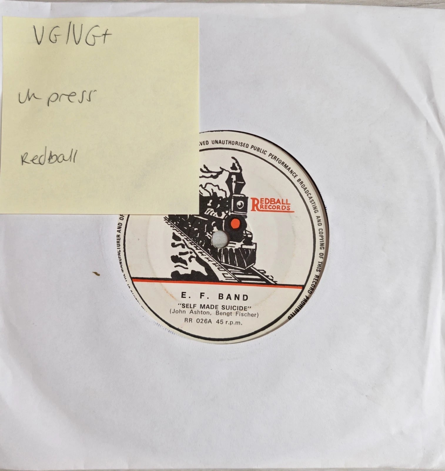 E F Band Self Made Suicide Vinyl Record 7" VG/VG+ RR026 sleeve E F Band Self Made Suicide Vinyl Record 7" VG/VG+ RR026 sleeve