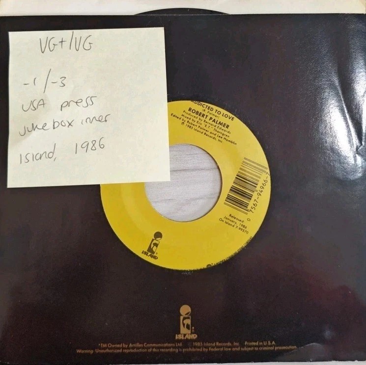 Robert Palmer Addicted To Love Vinyl Record 7" VG+/VG 7-94966 1986 sleeve Robert Palmer Addicted To Love Vinyl Record 7" VG+/VG 7-94966 1986 sleeve