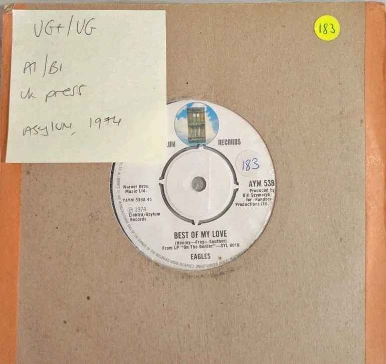 Eagles Best Of My Love Vinyl Record 7" VG+/VG AYM538 1974 sleeve Eagles Best Of My Love Vinyl Record 7" VG+/VG AYM538 1974 sleeve