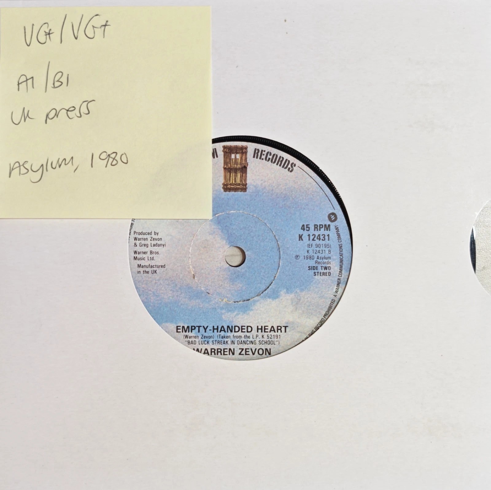 Warren Zevon Gorilla You're A Desperado Vinyl Record 7" VG+/VG+ K12431 1980 sleeve Warren Zevon Gorilla You're A Desperado Vinyl Record 7" VG+/VG+ K12431 1980 sleeve