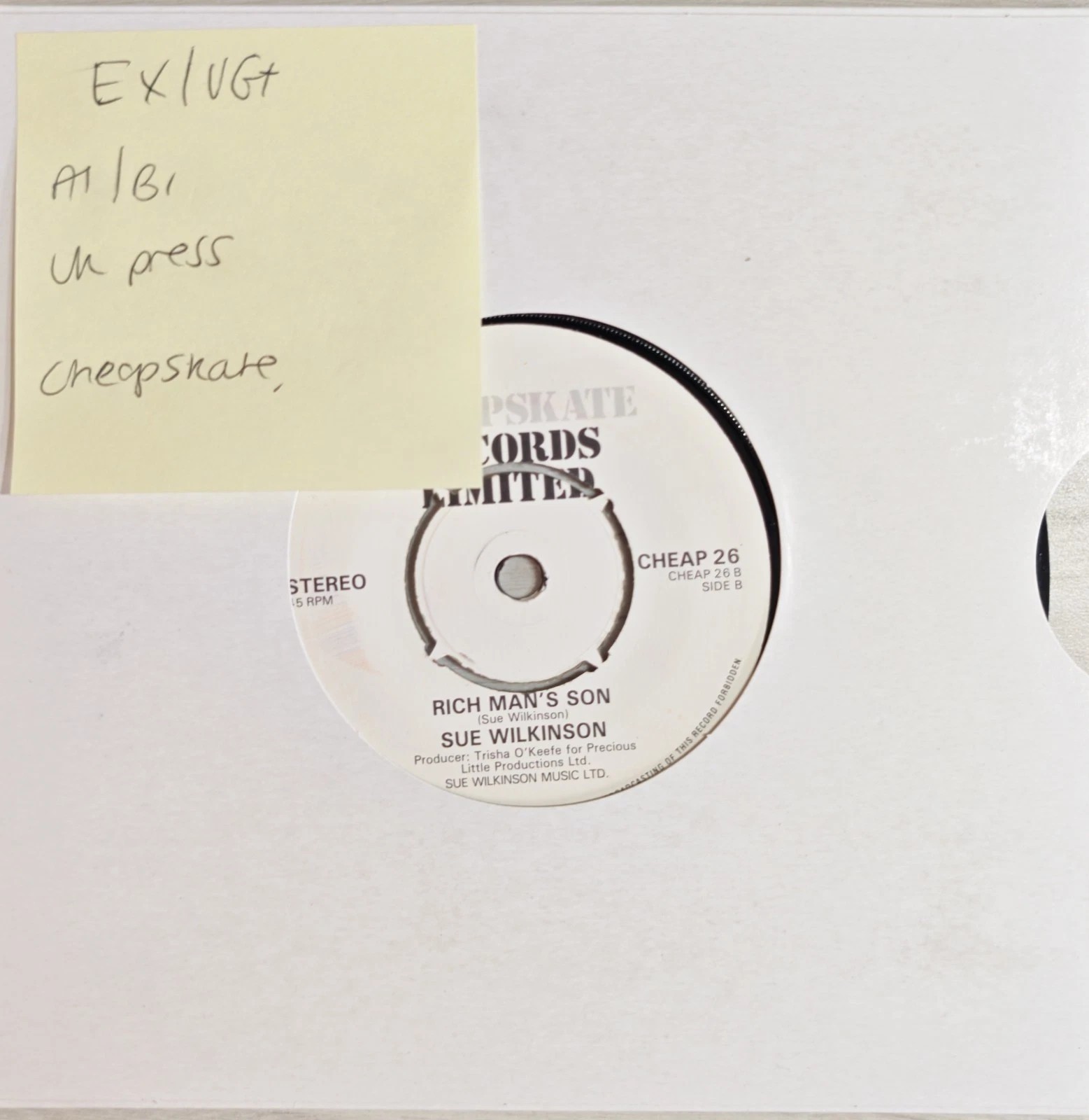 Sue Wilkinson Rich Mans Son Vinyl Record 7" EX/VG+ CHEAP26 1981 sleeve Sue Wilkinson Rich Mans Son Vinyl Record 7" EX/VG+ CHEAP26 1981 sleeve