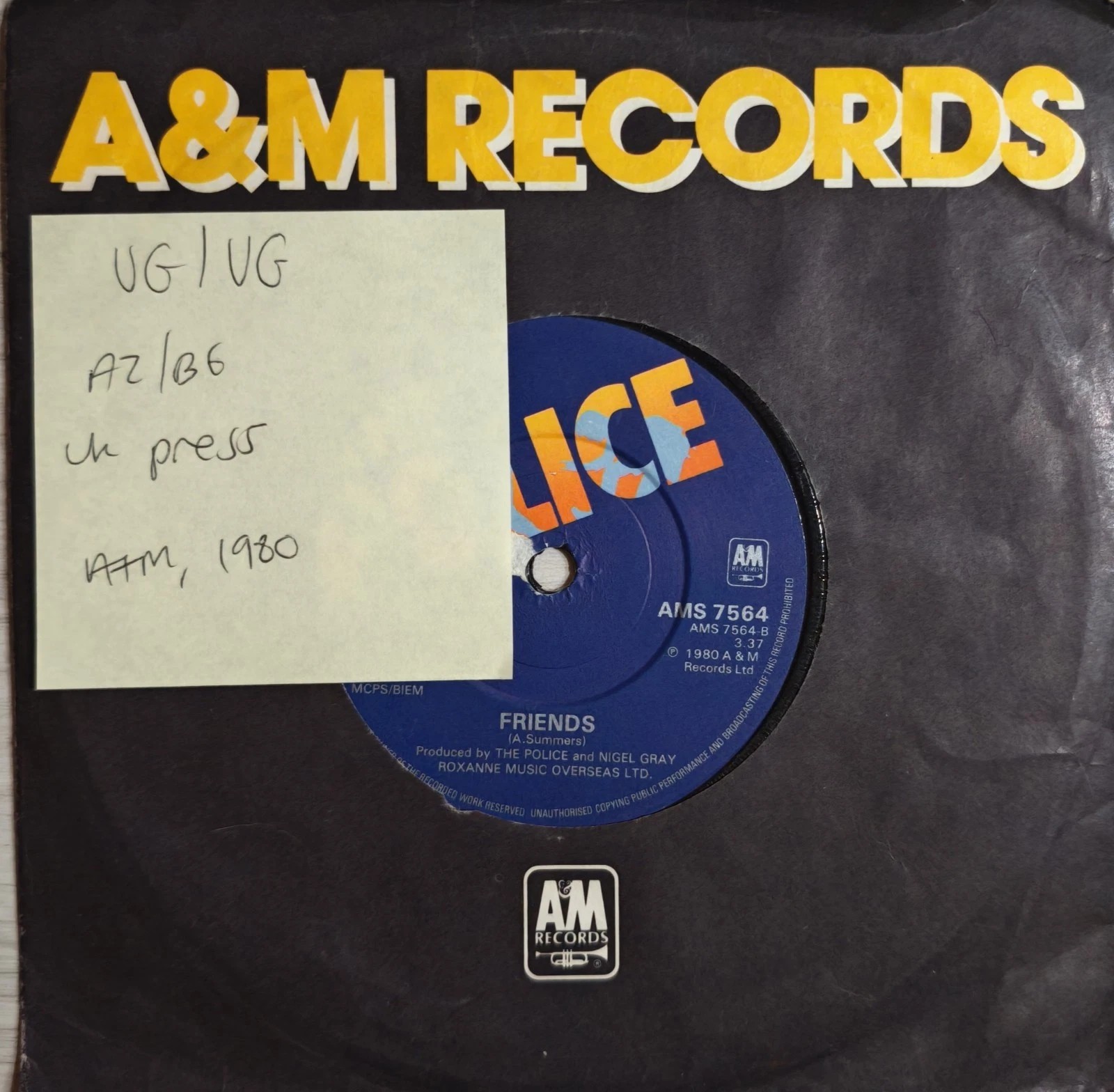 The Police Don't Stand So Close To Me Vinyl Record 7" VG/VG AMS 7564 1980 sleeve The Police Don't Stand So Close To Me Vinyl Record 7" VG/VG AMS 7564 1980 sleeve
