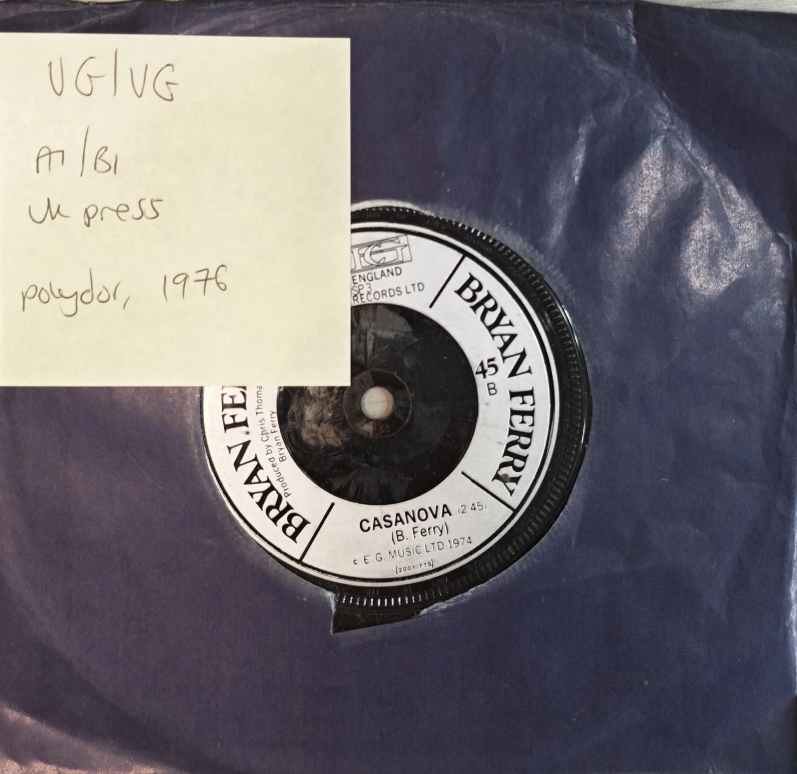Bryan Ferry What Goes On/Casanova Vinyl Record 7" VG/VG POSP3 1976 sleeve Bryan Ferry What Goes On/Casanova Vinyl Record 7" VG/VG POSP3 1976 sleeve