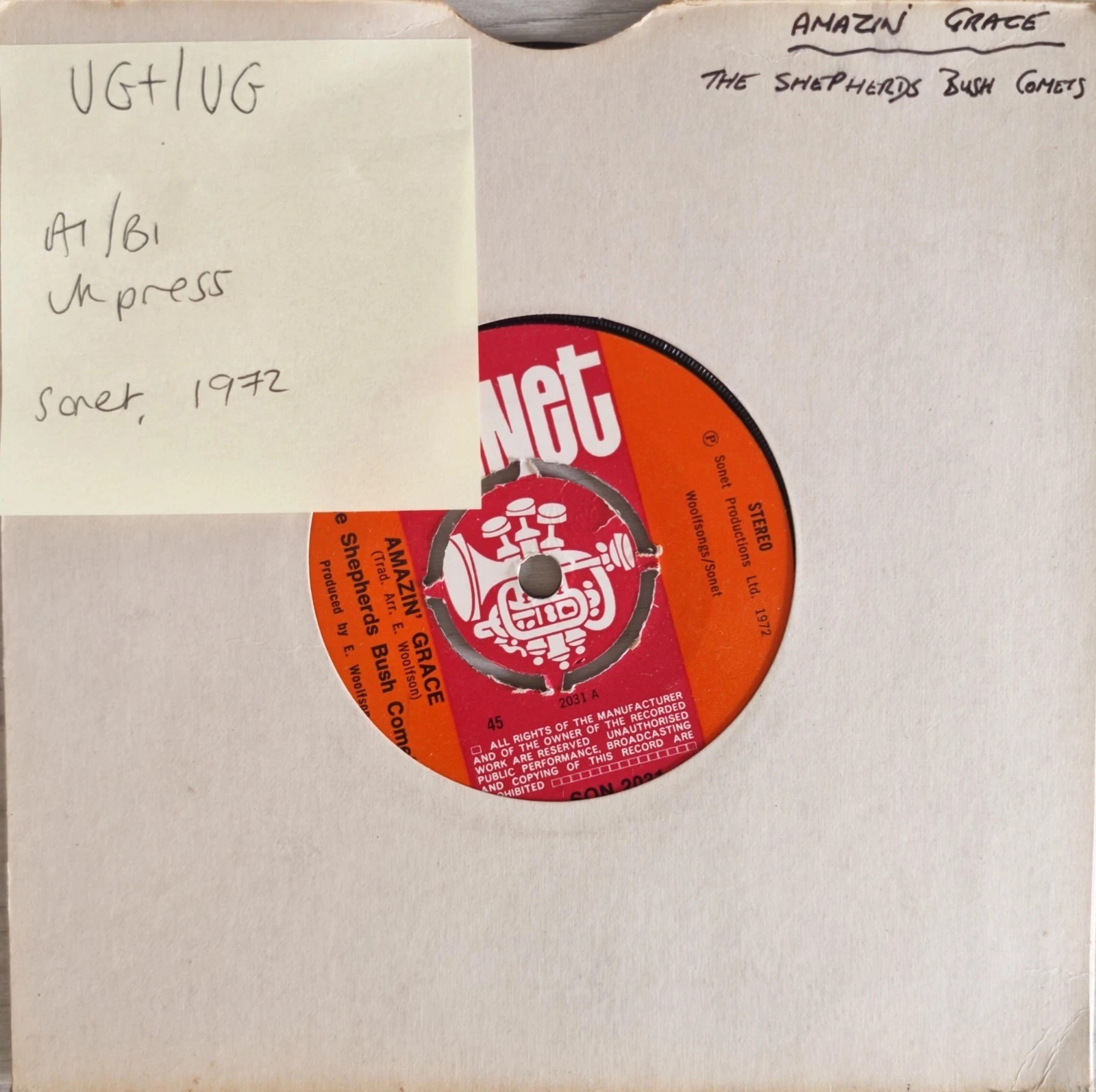 The Shepherds Bush Comets Amazin' Grace Vinyl Record 7" VG+/VG SON2031 1972 sleeve The Shepherds Bush Comets Amazin' Grace Vinyl Record 7" VG+/VG SON2031 1972 sleeve