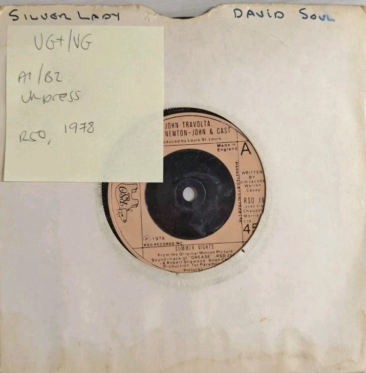 John Travolta Olivia NewtonJohn Summer Nights Vinyl Record 7" VG/VG+ RSO 18 1978 sleeve John Travolta Olivia NewtonJohn Summer Nights Vinyl Record 7" VG/VG+ RSO 18 1978 sleeve